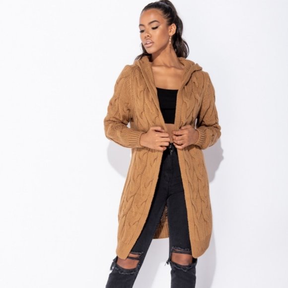Brown Cable Knit Long Sleeve Open Front Hoodie Hooded Midi Cardigan Sweater - Picture 7 of 8